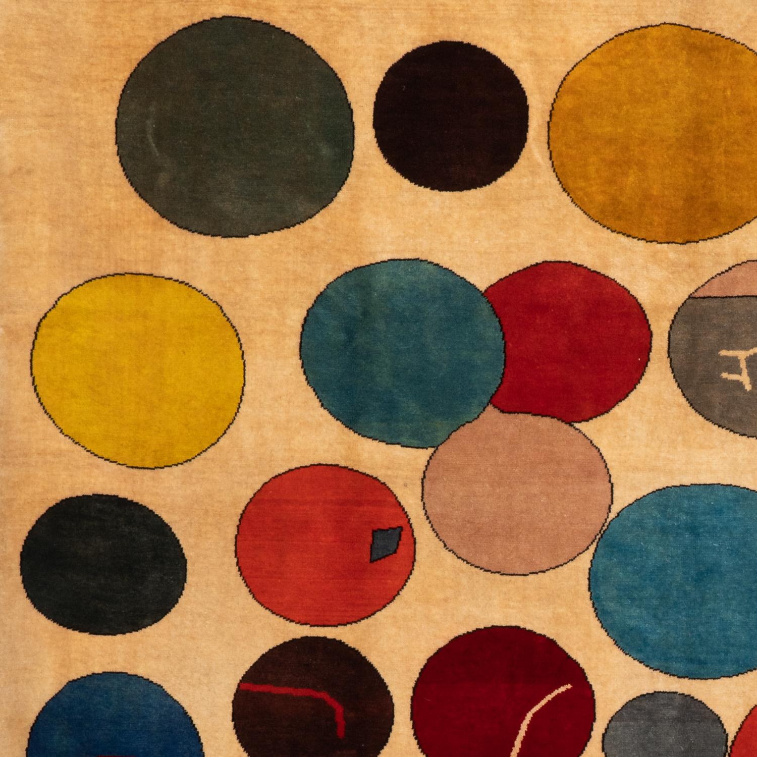 Hand-Knotted Rug,	or	tapestry,	in	wool,	representing	colored	circles.	Contemporary	work For Sale