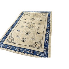 Antique Chinese Peking Rug, Hand-Knotted Wool, Ivory Beige, 1920s