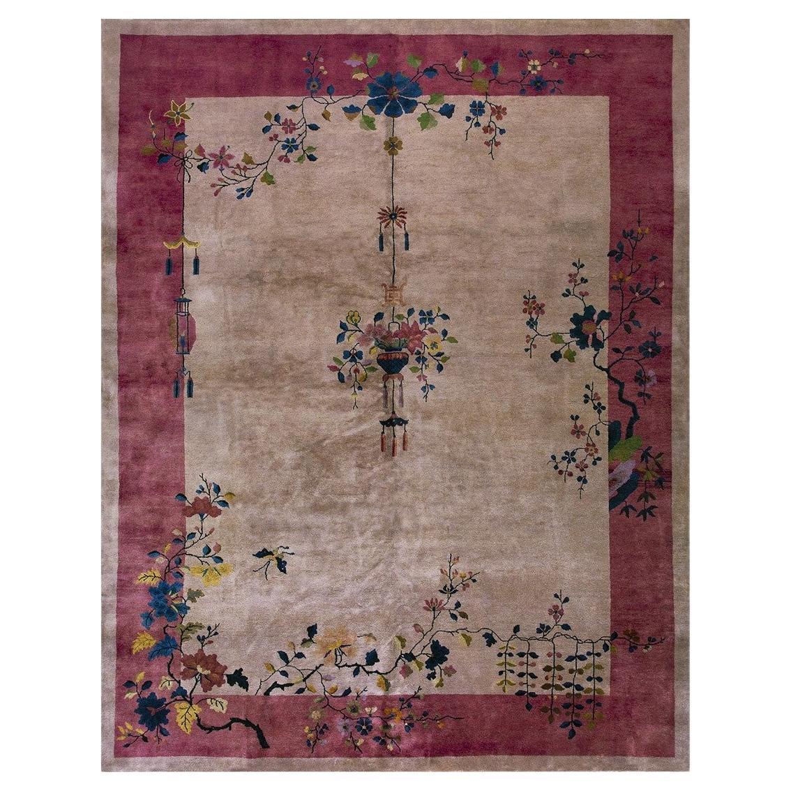 RugsOnNet Antique Cream Walter Nichols Chinese Art Deco Room Size Rug Carpet
