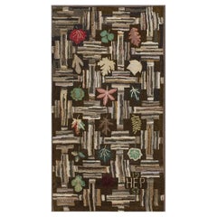 Rugs On Net Brown Vintage Mid Century American Folk Art Leafe Pattern Hooked Rug