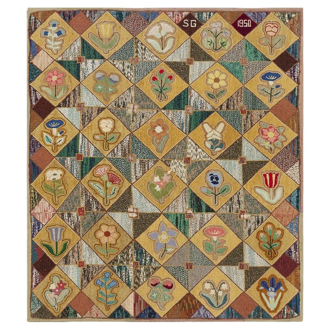 Rugs On Net Dated 1950 Initials SG American Folk Art Hooked Rug Americana Carpet