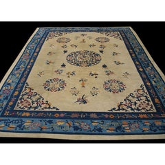 Antique Chinese Peking Rug, Hand-Knotted Wool, Ivory, Art Deco, 1930s