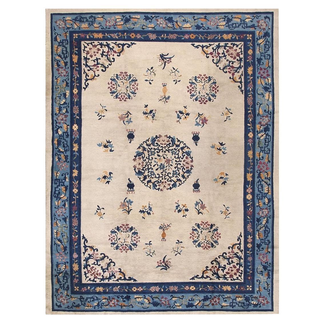 Antique Chinese Peking Rug, Hand-Knotted Wool, Ivory, Art Deco, 1930s