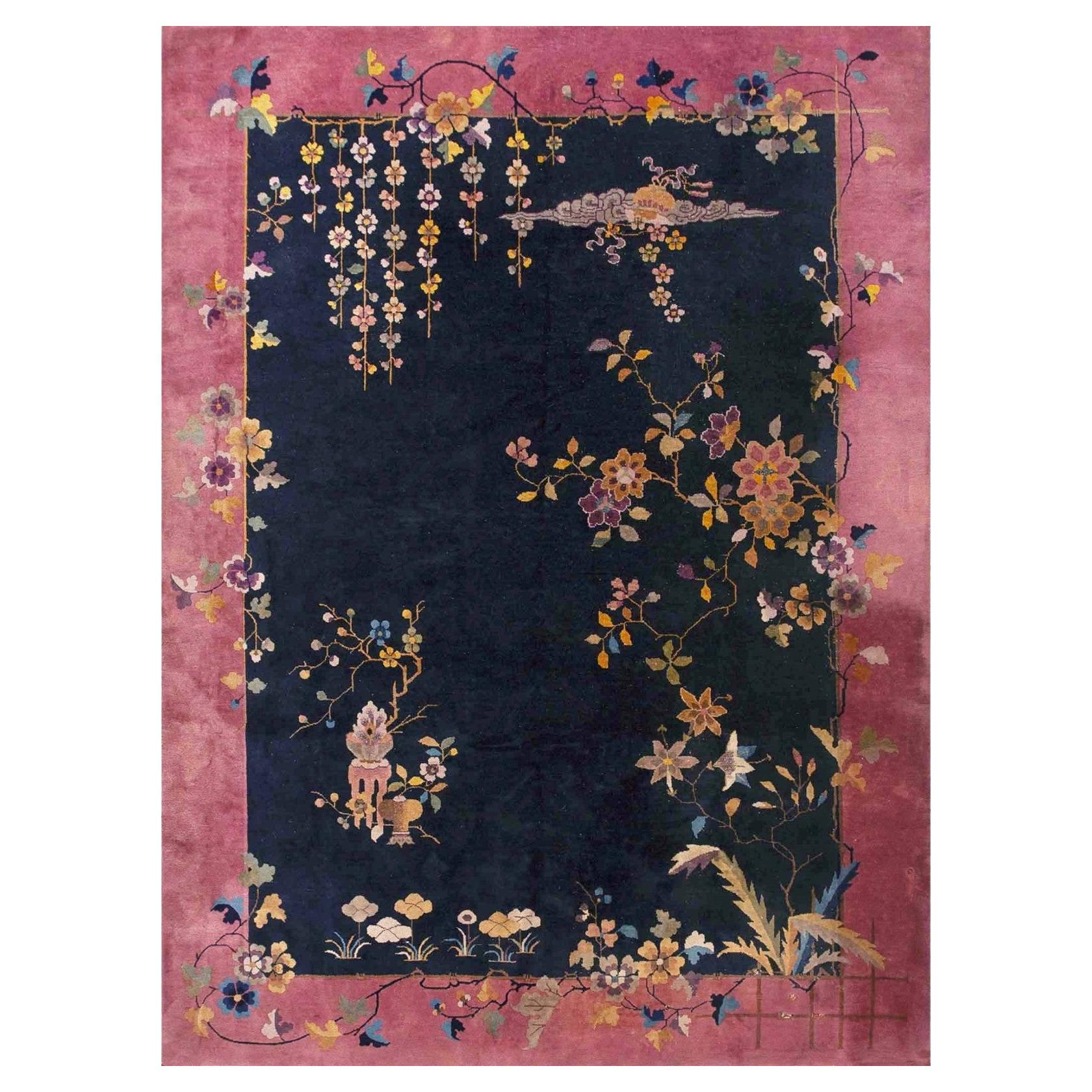 RugsOnNet Blue & Coral Antique Wool Chinese Walter Nichols Art Deco Rug Carpet