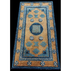 RugsOnNet Earthy Brown Blue Antique 1920's Small Wool Chinese Baotou Rug Carpet