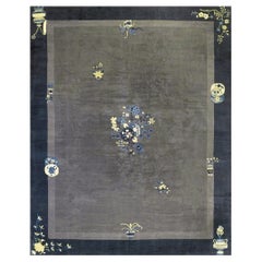 RugsOnNet Gray Blue Floral Antique Hand-Knotted Wool Chinese Peking Carpet Rug