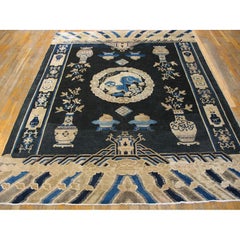 RugsOnNet Ivory Blue Antique Wool Chinese Lion Foo Dog Motif Ningxia Rug Carpet