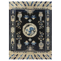 RugsOnNet Ivory Blue Antique Wool Chinese Lion Foo Dog Motif Ningxia Rug Carpet