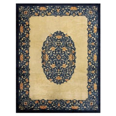 RugsOnNet Ivory Blue Room Size Antique Chinese Peking Wool Medallion Rug Carpet