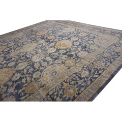 RugsOnNet Large Square Blue & Cream Antique Wool Indian Agra Lahore Rug Carpet