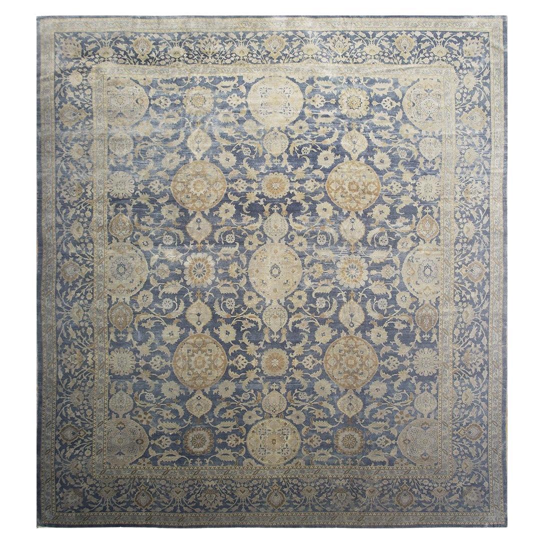 RugsOnNet Large Square Blue & Cream Antique Wool Indian Agra Lahore Rug Carpet