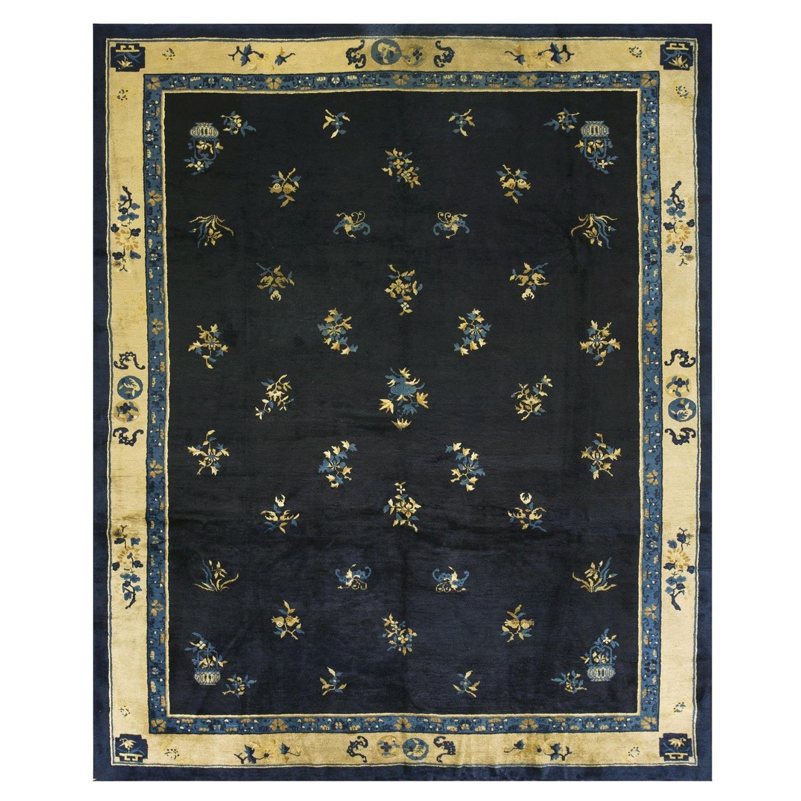 Antique Chinese Peking Carpet, Hand-Knotted Wool, Floral Design, 1900s