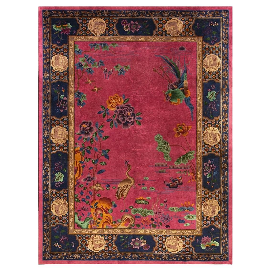 RugsOnNet Luxurious Red Wool Antique Chinese Art Deco Walter Nichols Rug Carpet