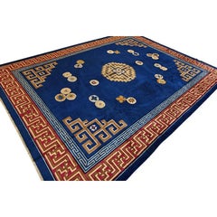 RugsOnNet Royal Blue Color Antique Art Deco Chinese Room Size Wool Pile Area Rug