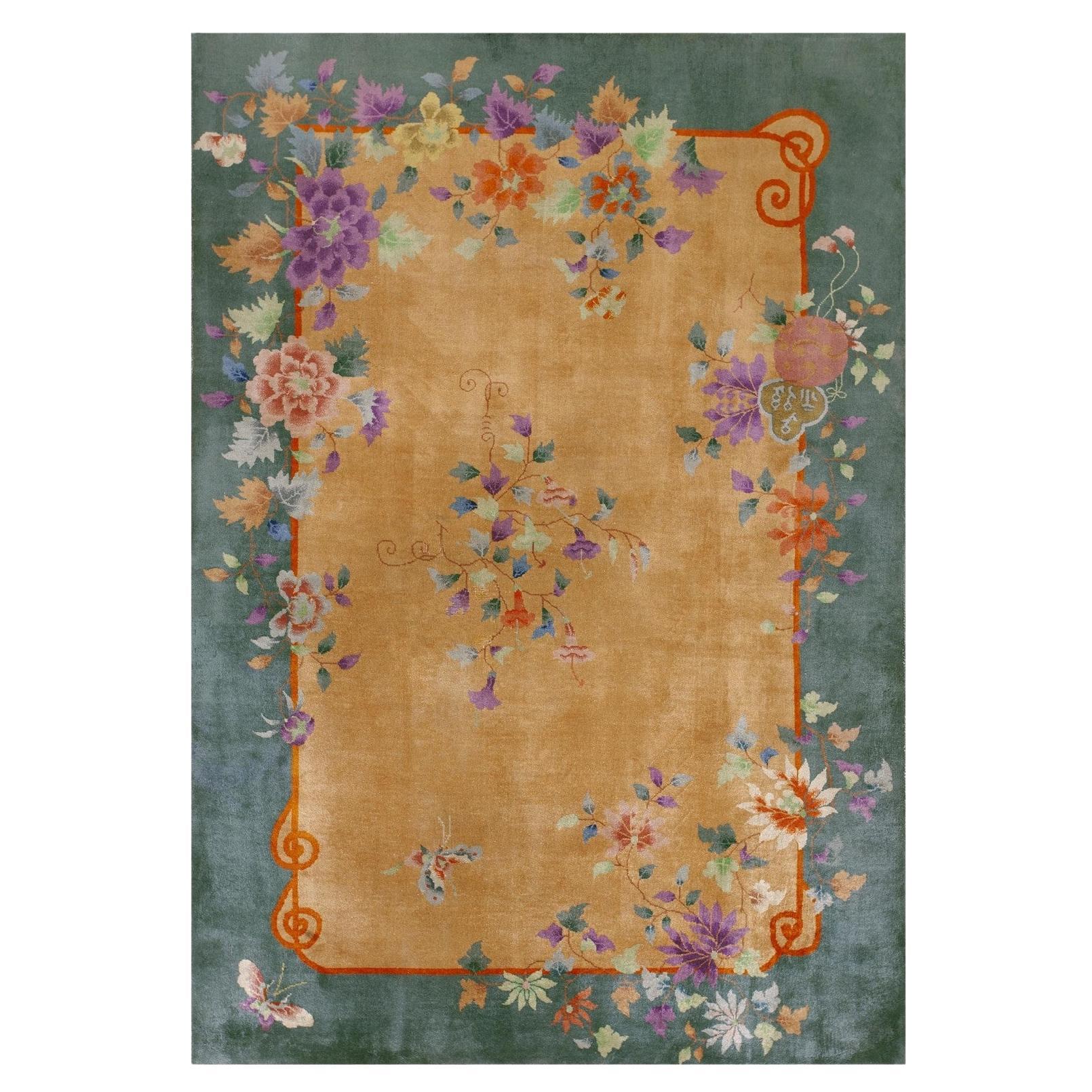 RugsOnNet Small Light Yellow Gold Antique Walter Nichols Chinese Deco Rug Carpet For Sale