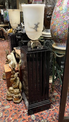 Ruhlmann Art Deco Style Alabaster and Black Lacquer Torchieres / Floor Lamps