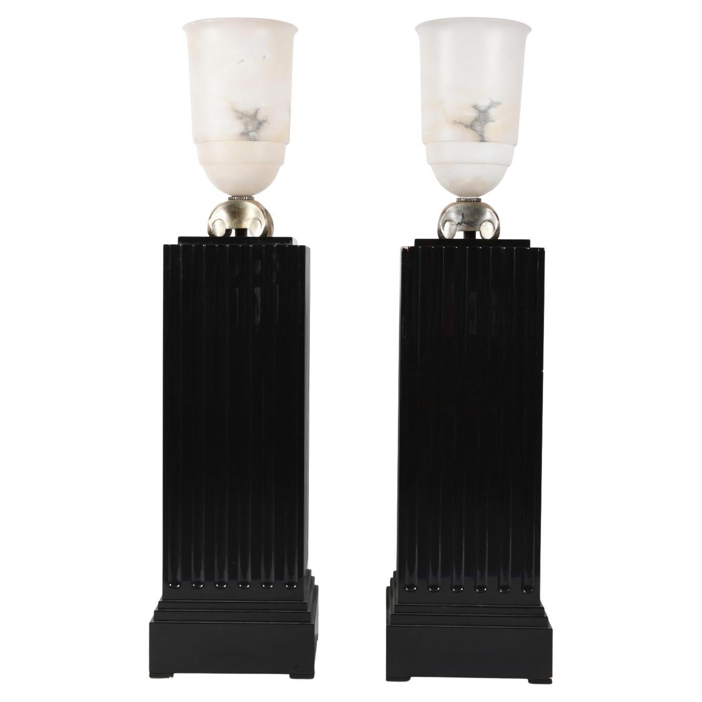 Ruhlmann Art Deco Style Alabaster and Black Lacquer Torchieres / Floor Lamps For Sale