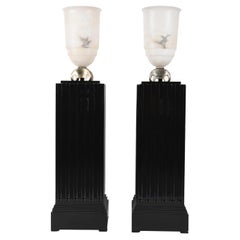 Ruhlmann Art Deco Style Alabaster and Black Lacquer Torchieres / Floor Lamps