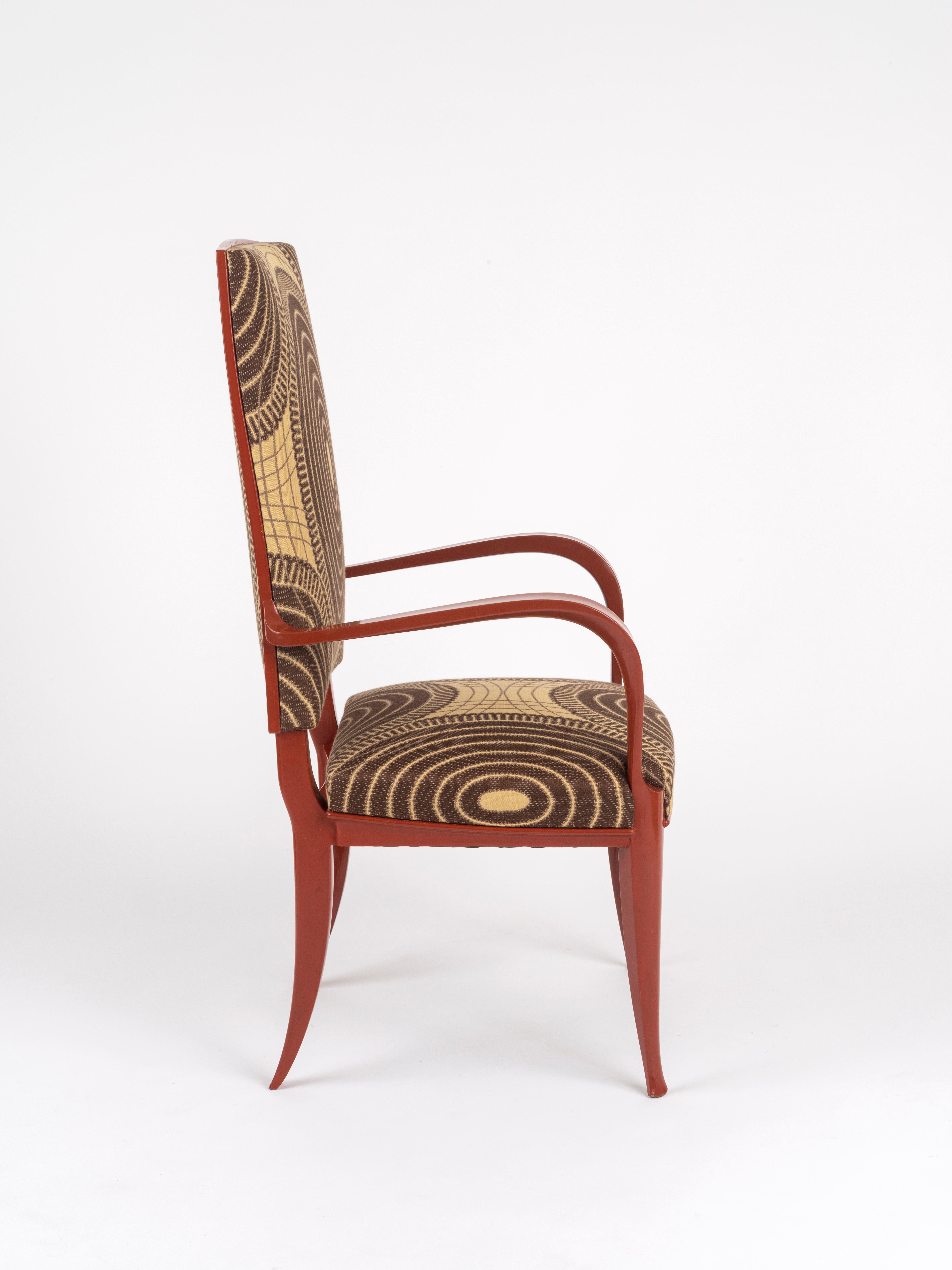 Art déco Ruhlmann 'Cappiello' Fauteuil laqué 'Duco' rouge corail en vente
