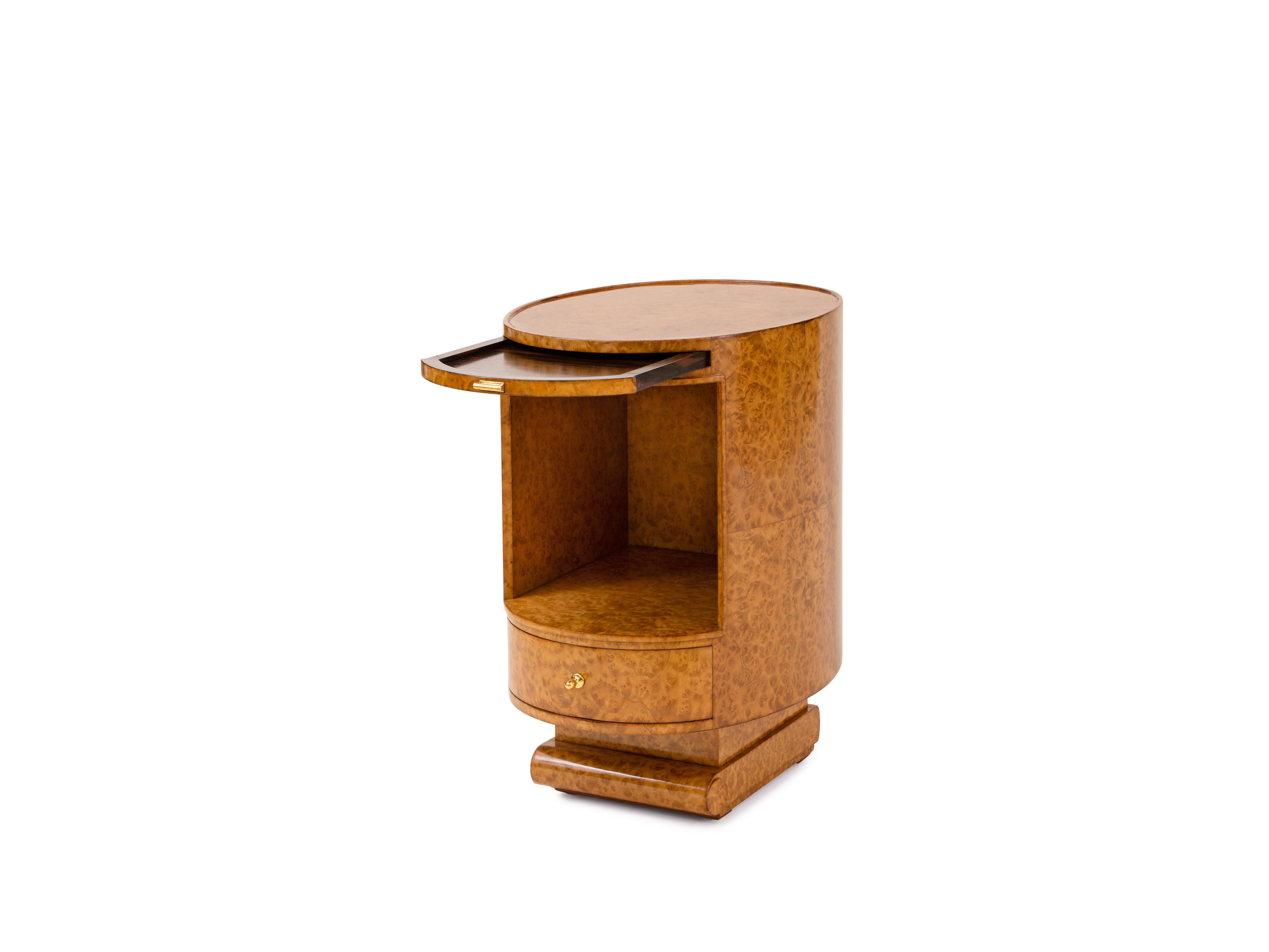 Amboine Table de chevet elliptique Ruhlmann Amboyna en vente