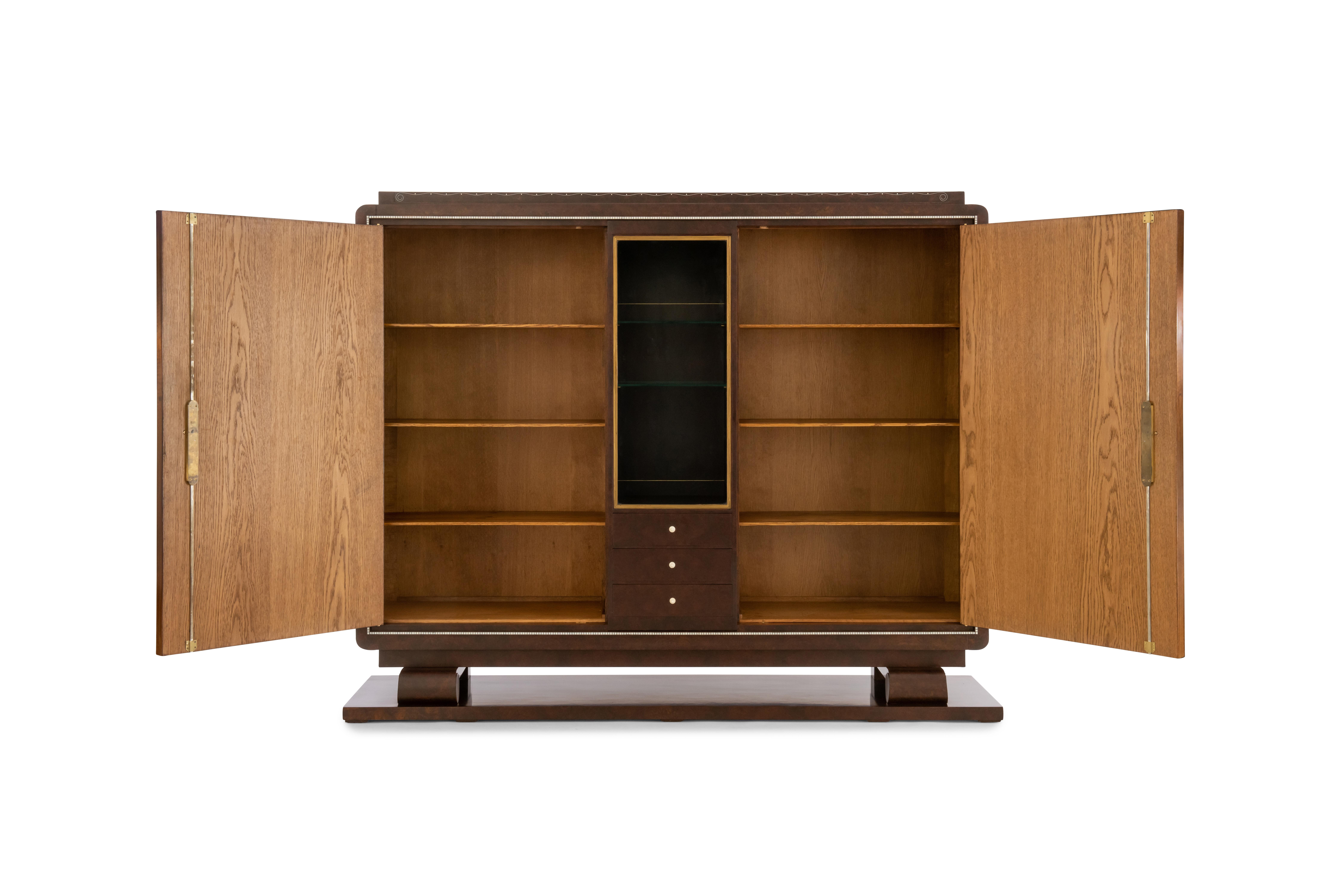 Art Deco Ruhlmann Important 'Bibol' Burl Oak Veneer Cabinet For Sale