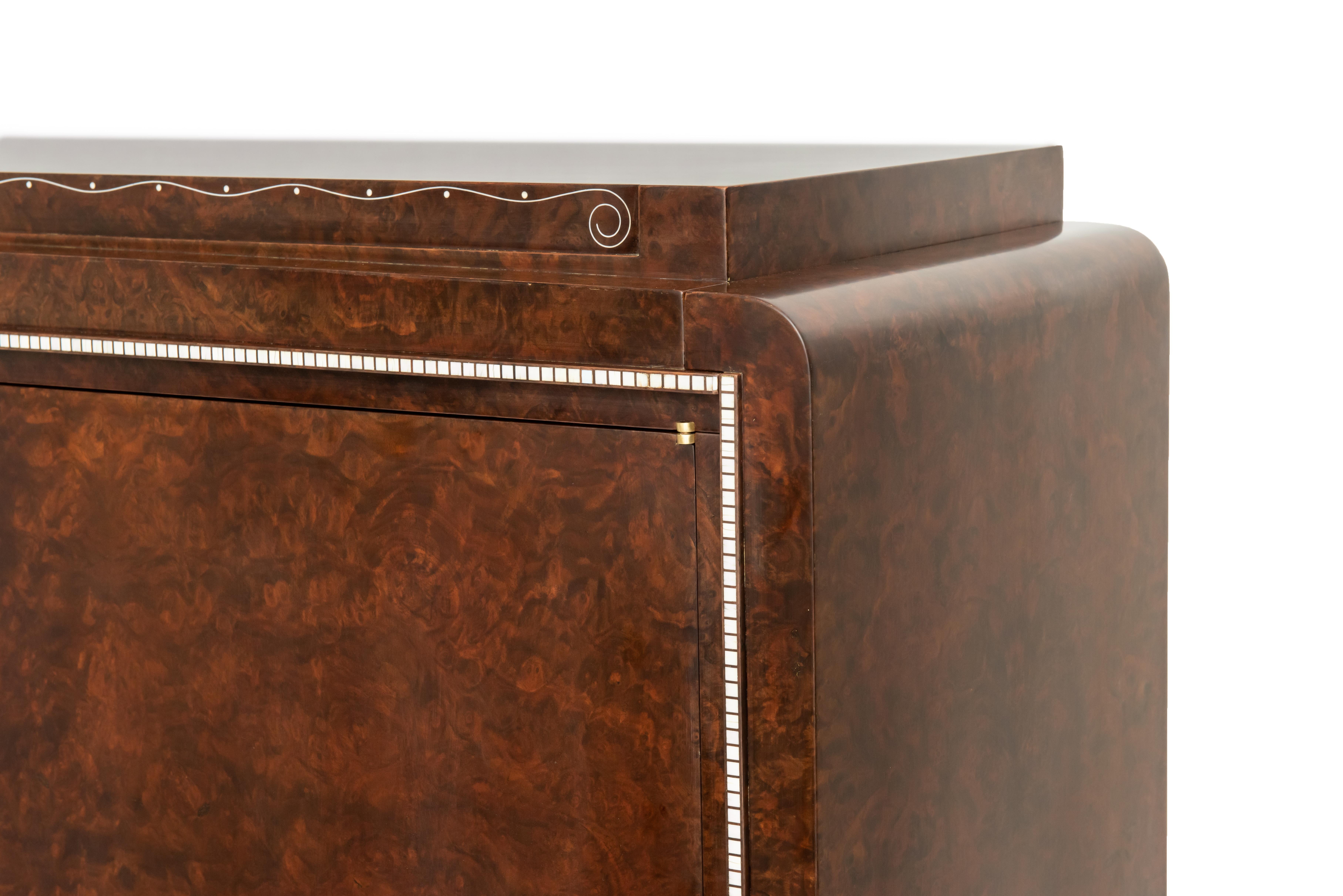 Early 20th Century Ruhlmann Important 'Bibol' Burl Oak Veneer Cabinet For Sale