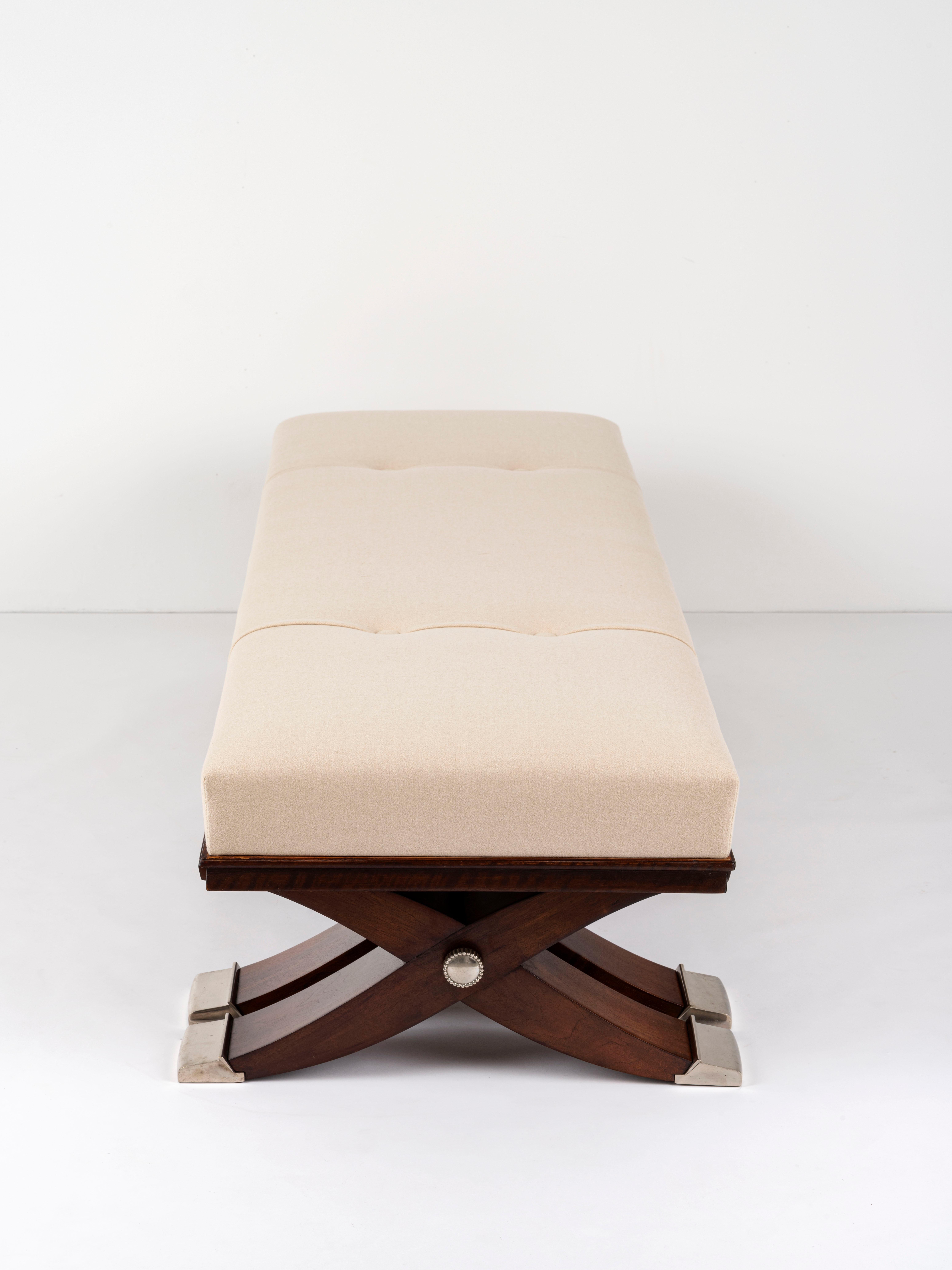 French Ruhlmann Large Bench with Double X-Form Base For Sale