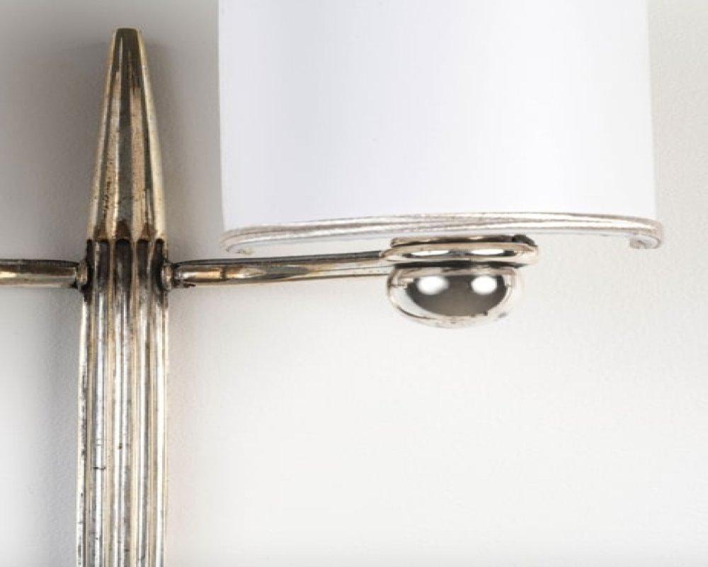 Art Deco Ruhlmann Pair of 'Fuseau' Silvered Bronze Wall Sconces For Sale