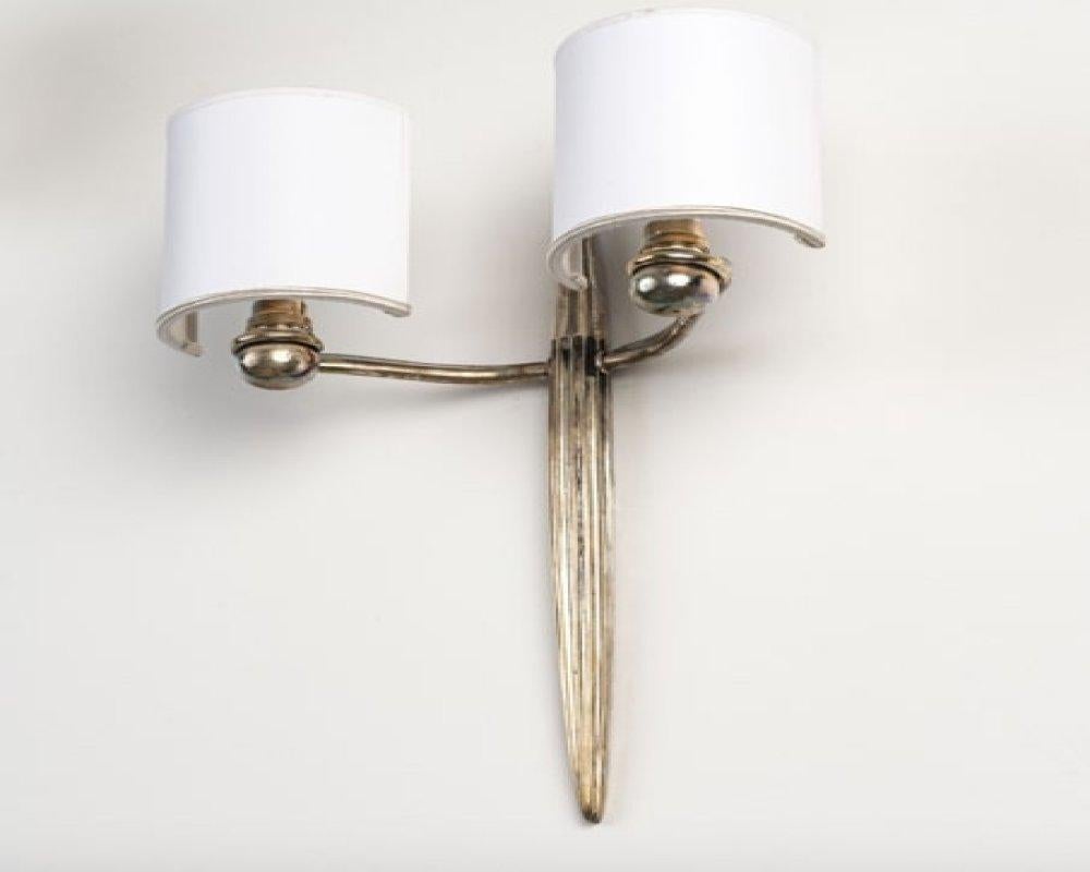 French Ruhlmann Pair of 'Fuseau' Silvered Bronze Wall Sconces For Sale