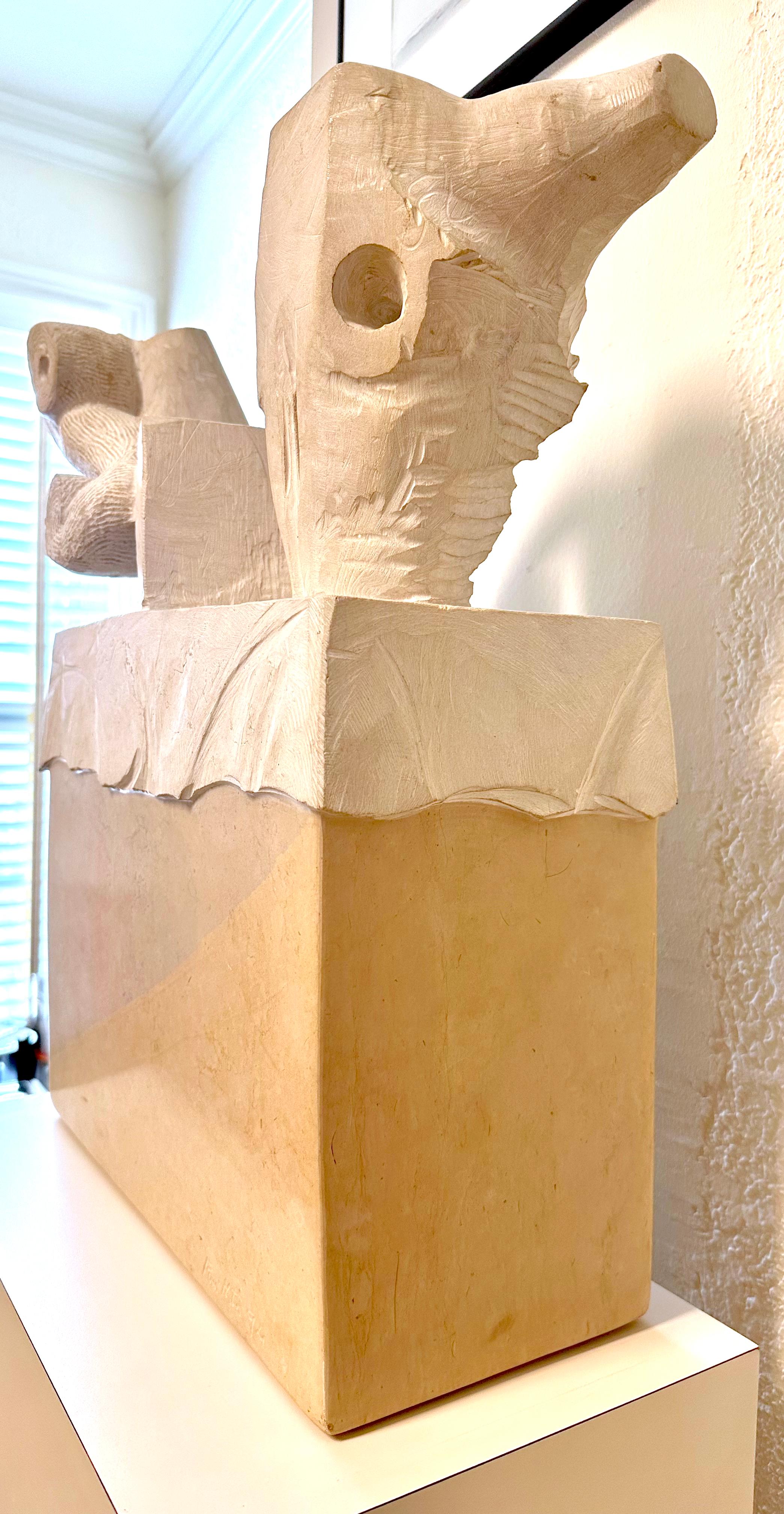Rui Matos Limestone Sculpture, circa 1994.  Portuguese Sculptor mostly working in metals today.  When he first became active he was doing a lot in stone.  Just had a hugh restrospective of his work organized in Tavira.  Currently represented by
