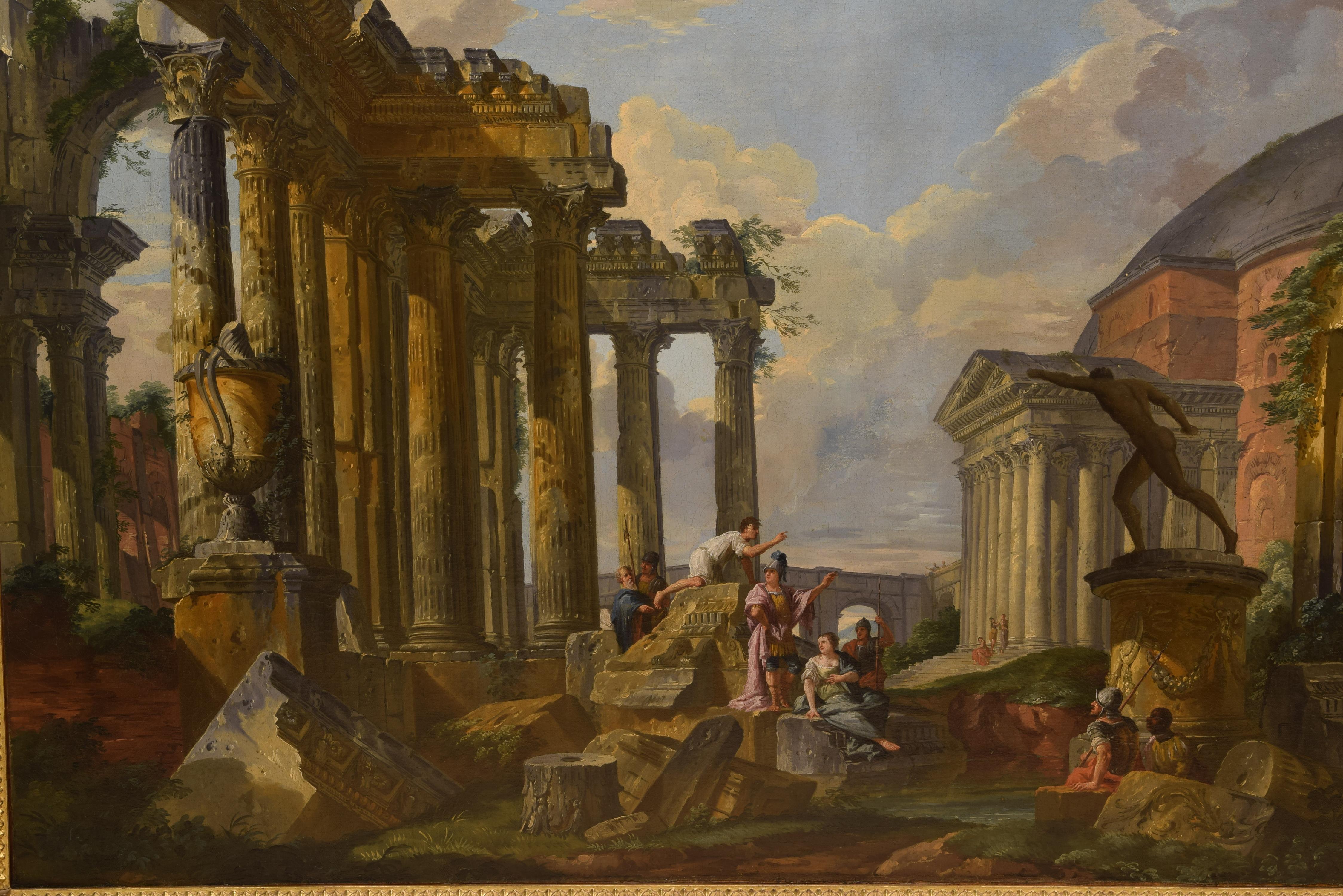 Capriccio. Possibly circle of Panini, Giovanni Paolo (Italy, 1691-1765).
A series of classical ruins of Ancient Rome (or inspired by it) have been harmoniously located under a blue sky with clouds. The columns and entablatures on the left (with