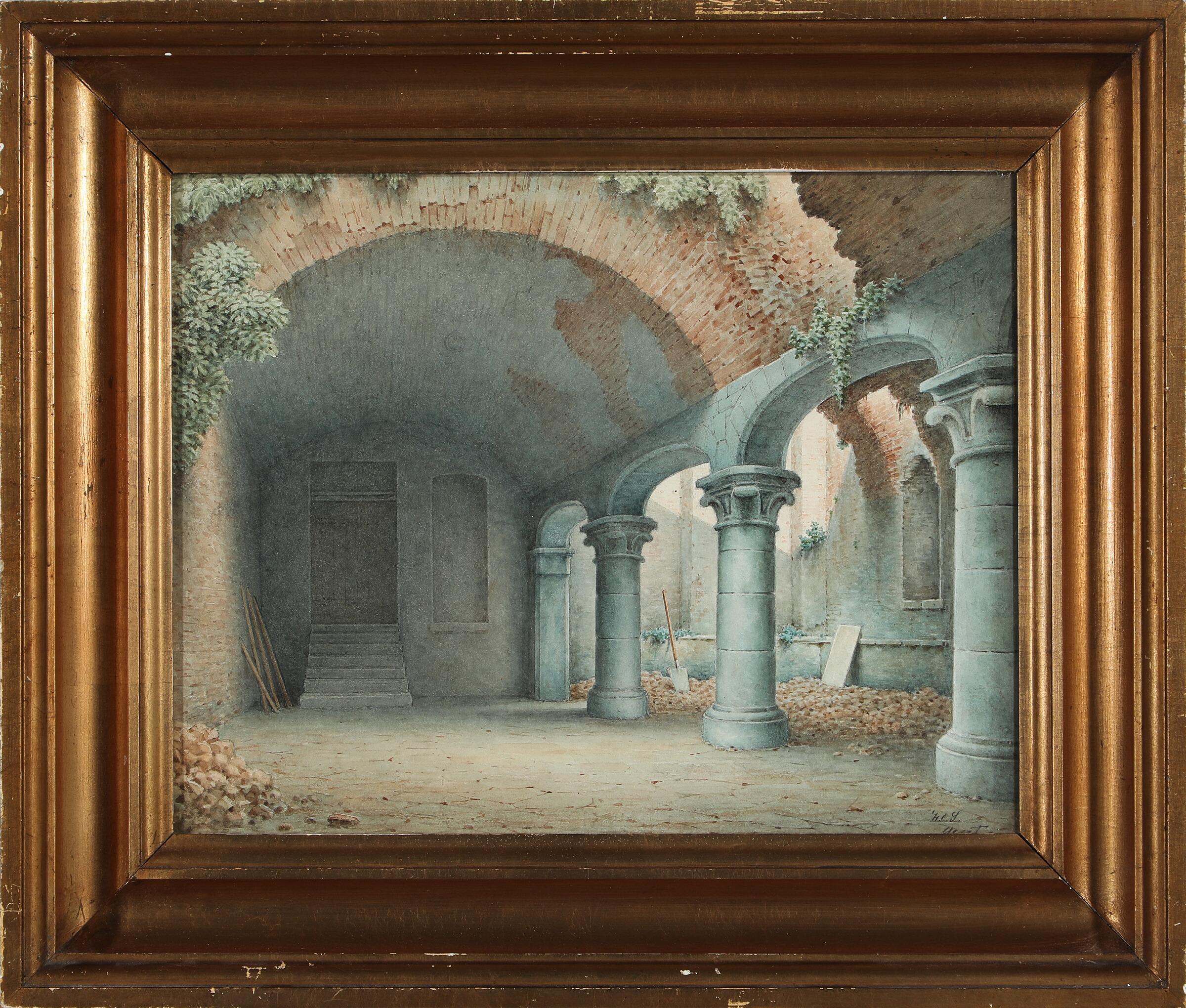 Ruins of a monastery courtyard. Signed and dated H. C. S. 1865. Harald Conrad Stilling (1815-1891) Watercolor on paper.

Stilling was a Danish architect who was active in Copenhagen and made travels to Italy, Greece, and the Orient. Stilling
