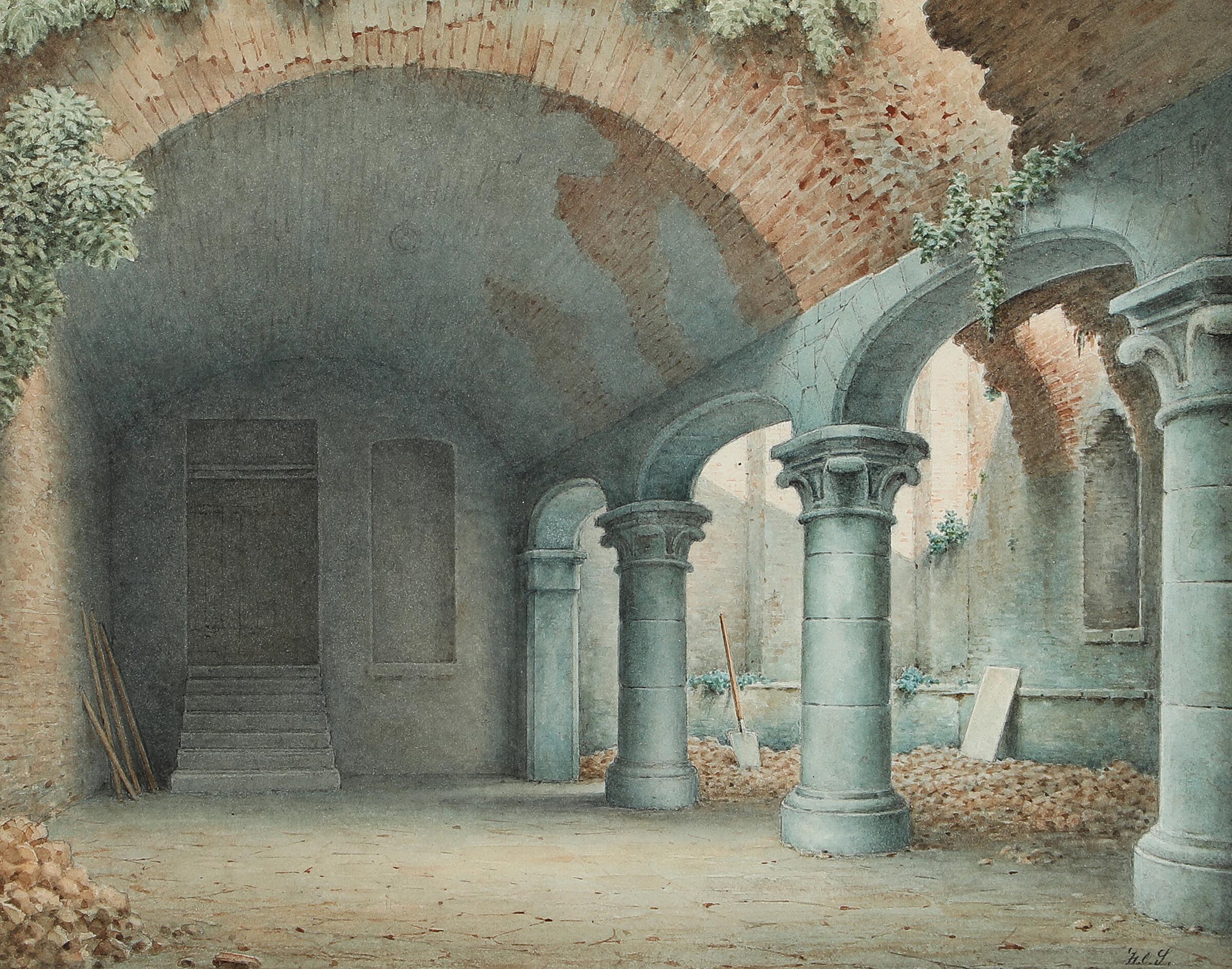Danish Ruins of a Monastery Courtyard, Signed and Dated by Harald Conrad Stilling, 1865