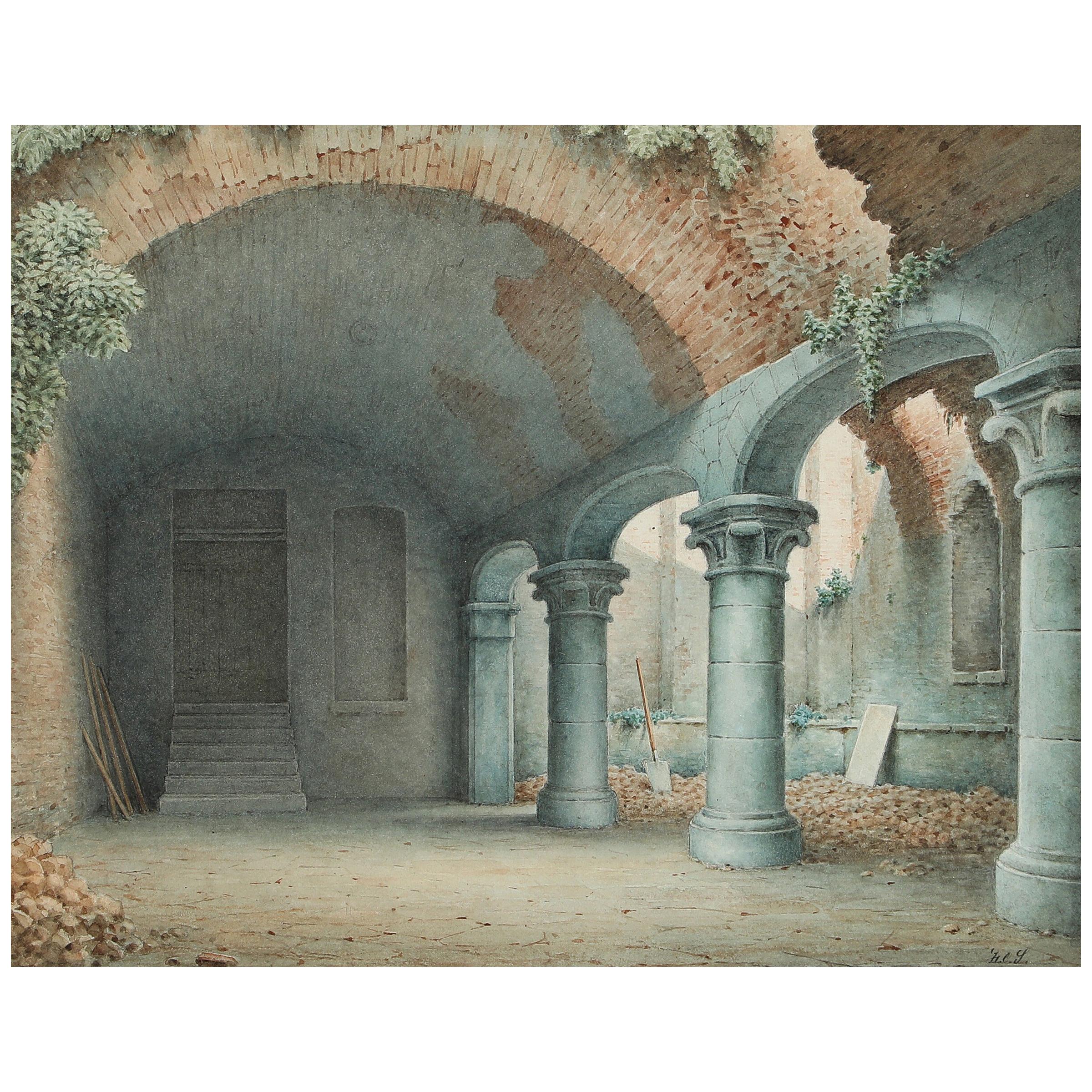 Ruins of a Monastery Courtyard, Signed and Dated by Harald Conrad Stilling, 1865