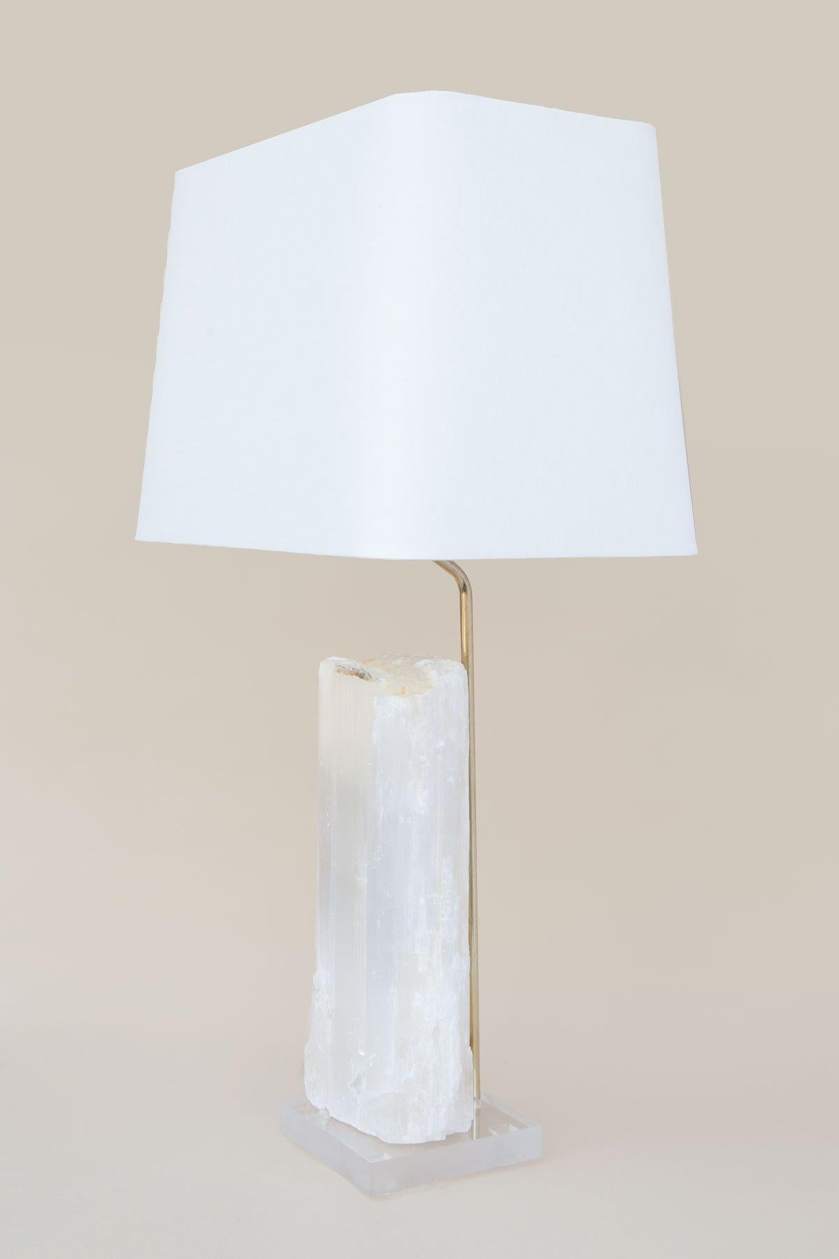 American Ruler Selenite Lamp with Baroque Pearls on Lucite For Sale