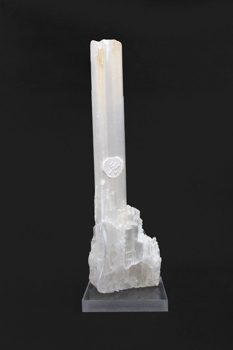 Modern Ruler Selenite Mineral with Baroque Pearls on a Lucite Base For Sale