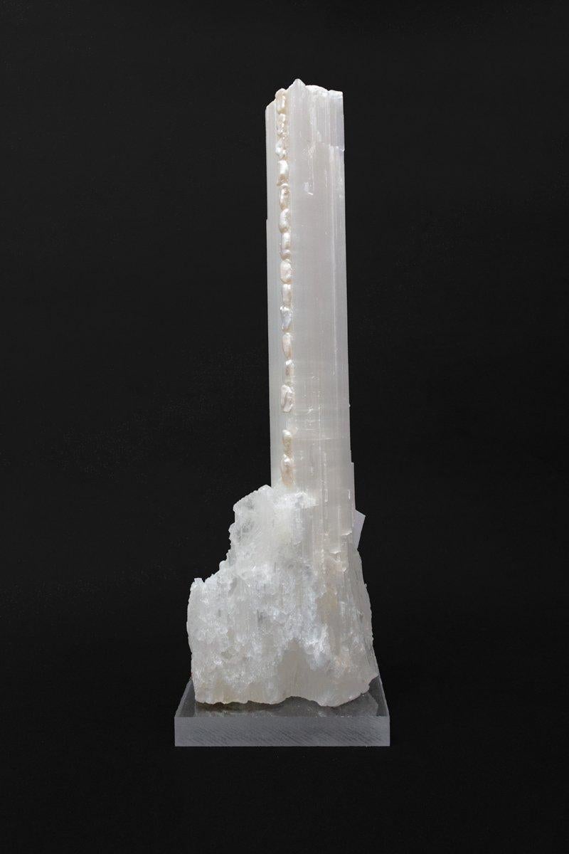 American Ruler Selenite Mineral with Baroque Pearls on a Lucite Base For Sale