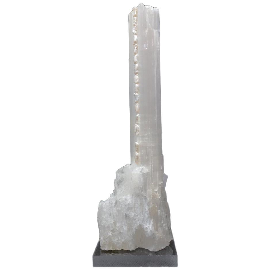 Ruler Selenite Mineral with Baroque Pearls on a Lucite Base For Sale