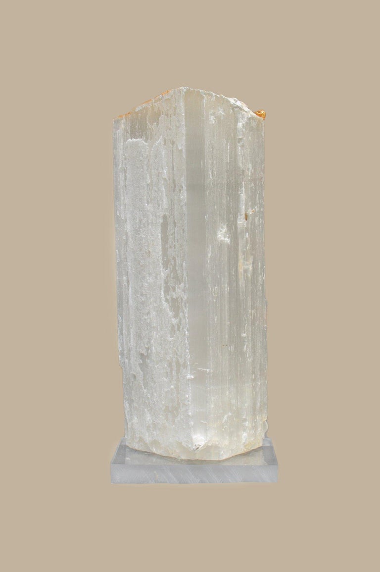 Ruler Selenite with an 18th century Italian gold leaf fragment molding and natural forming baroque pearls on a lucite base. Ruler selenite or 