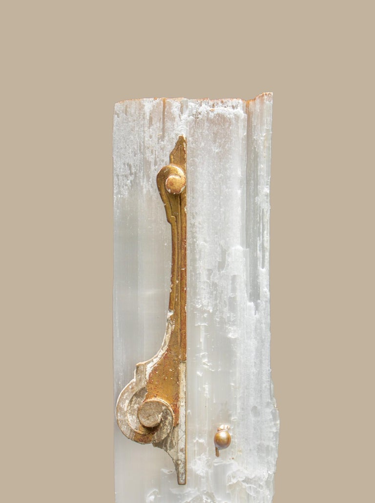 Modern Ruler Selenite with an 18th Century Italian Fragment & Baroque Pearls on Lucite For Sale