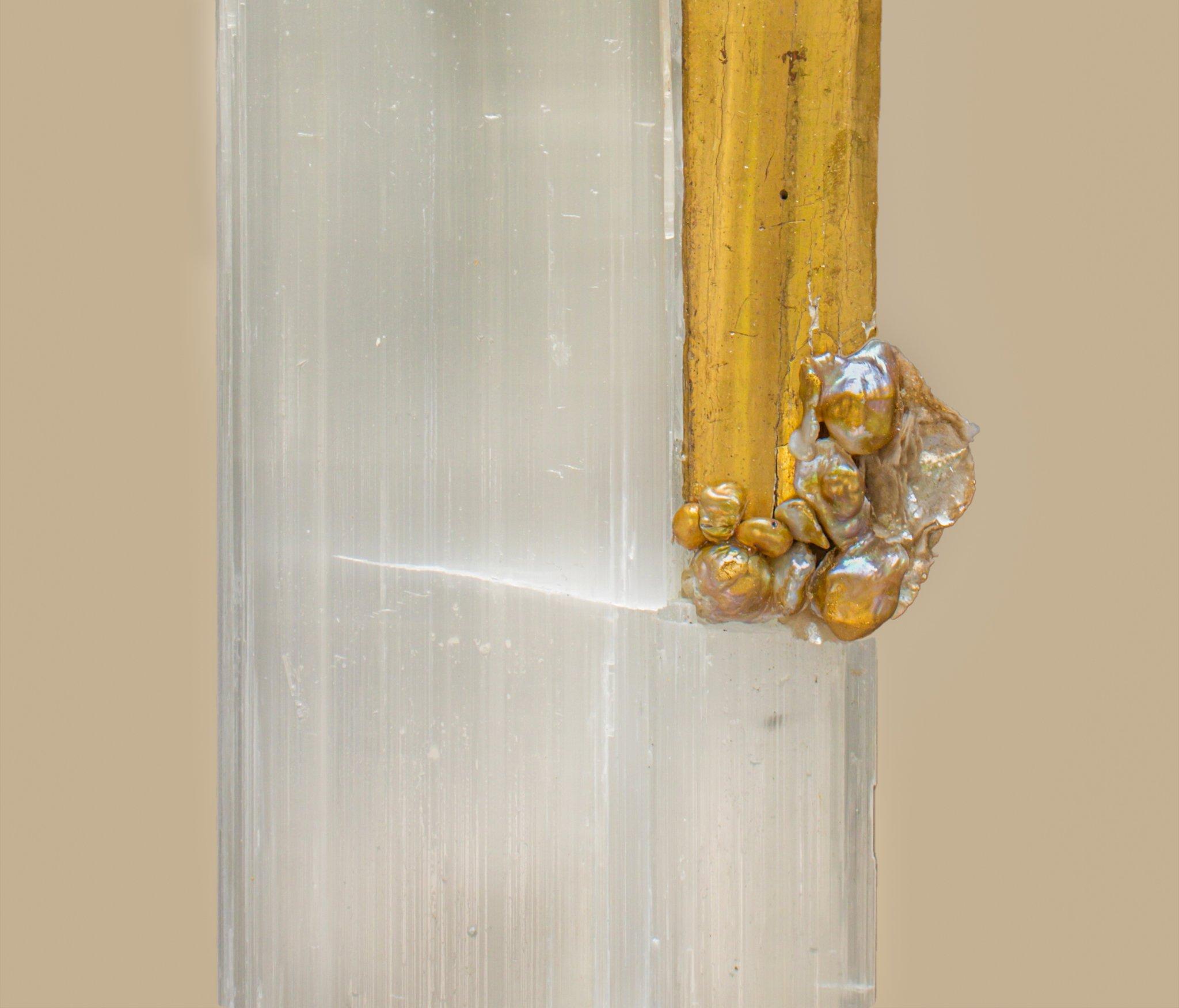 Organic Modern Ruler Selenite with an 18th Century Italian Fragment & Baroque Pearls on Lucite For Sale