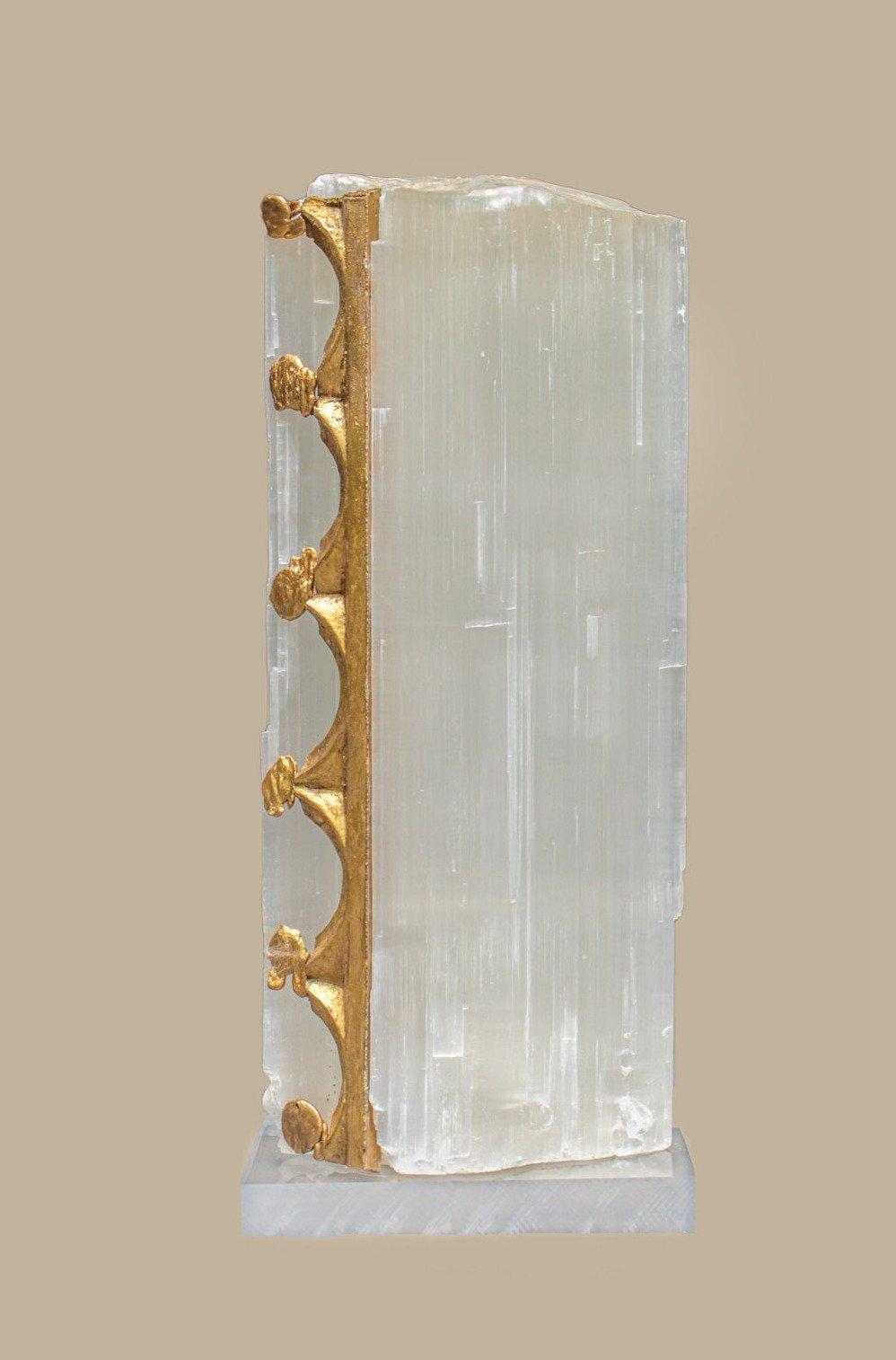 Moroccan Ruler Selenite with an 18th Century Italian Fragment & Baroque Pearls on Lucite
