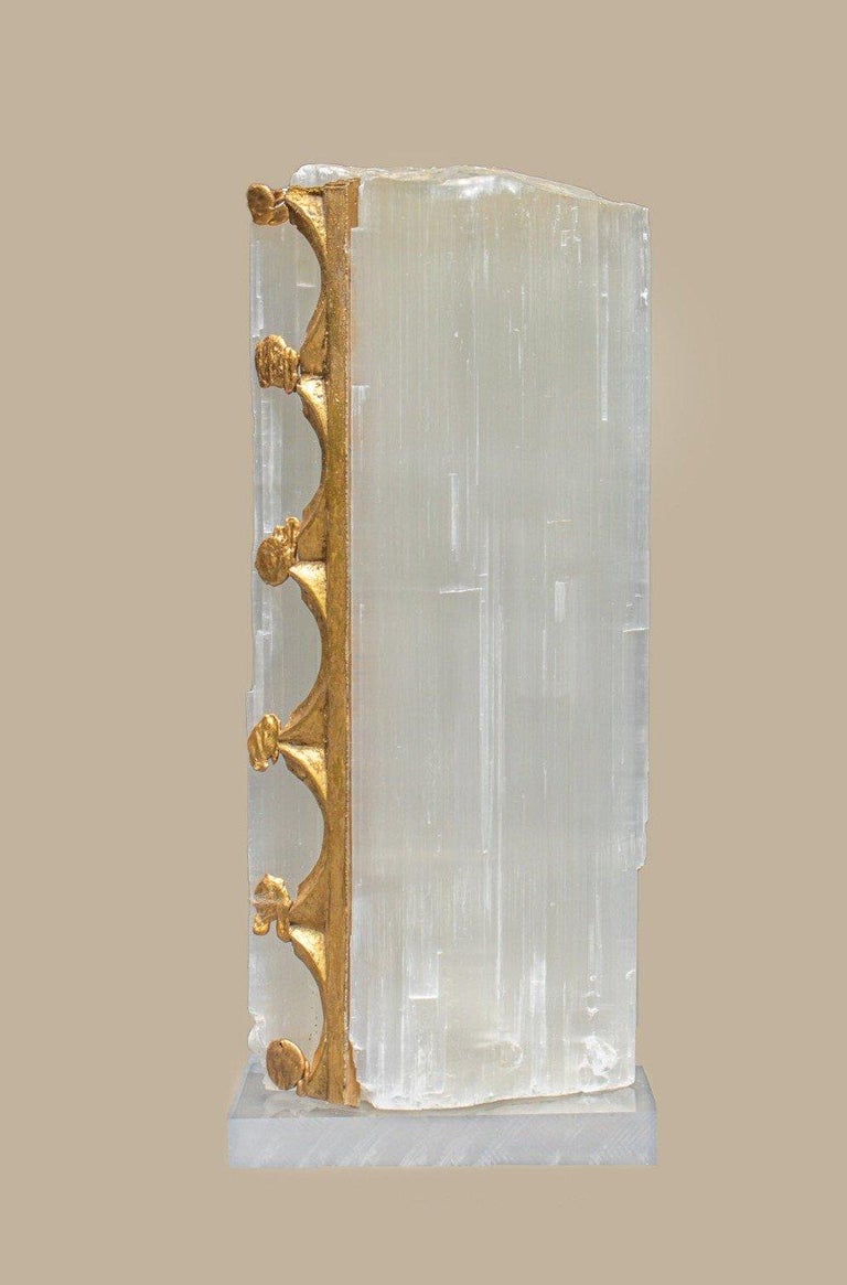 Moroccan Ruler Selenite with an 18th Century Italian Fragment & Baroque Pearls on Lucite For Sale