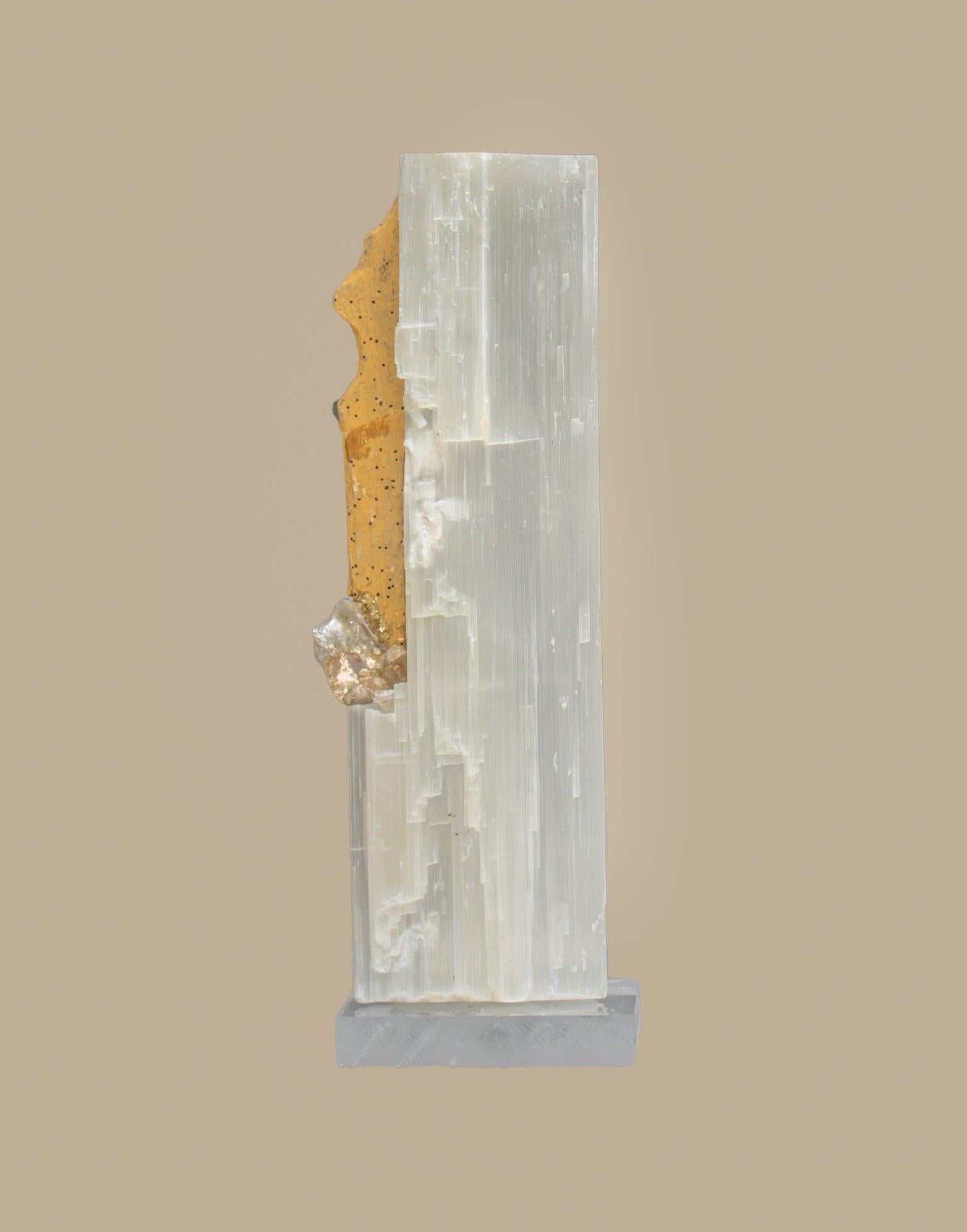 Hand-Carved Ruler Selenite with an 18th Century Italian Fragment & Baroque Pearls on Lucite For Sale