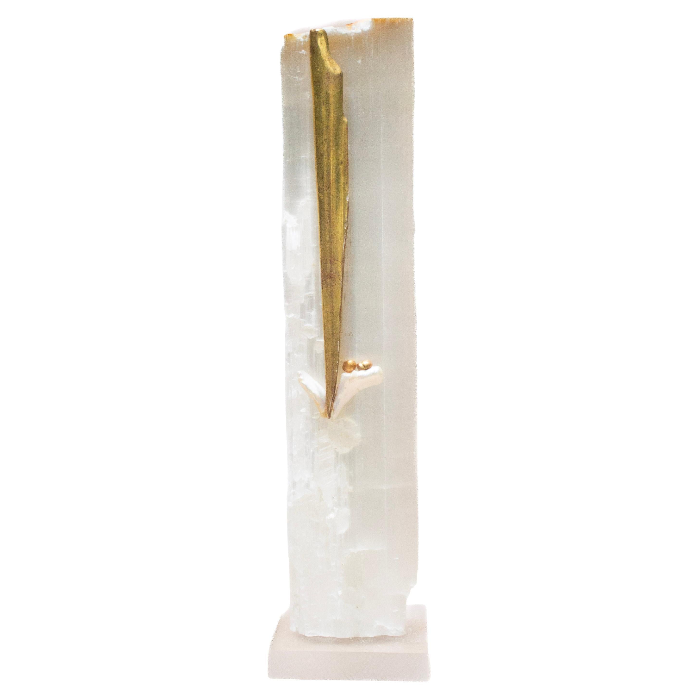 Ruler Selenite with an 18th Century Italian Fragment 
Baroque Pearls on Lucite For Sale