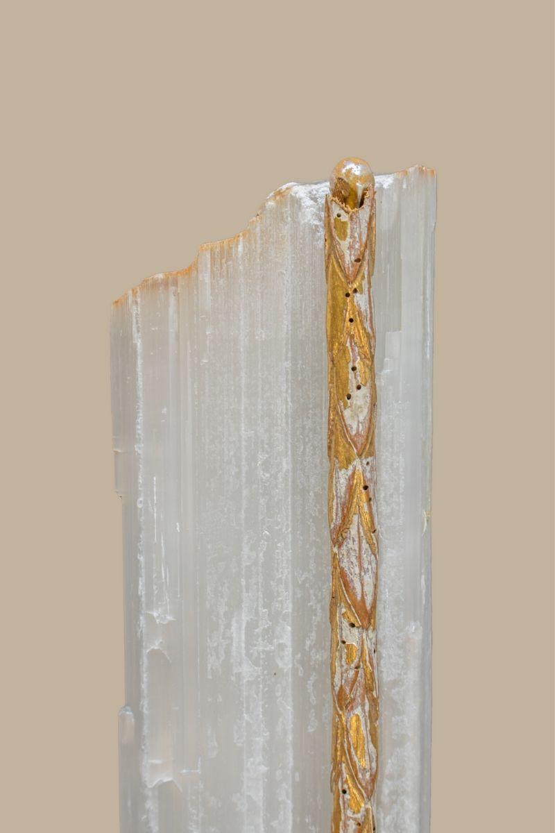 Ruler Selenite with an 18th century Italian gold leaf molding and a natural forming baroque pearl on a lucite base. Ruler selenite or 