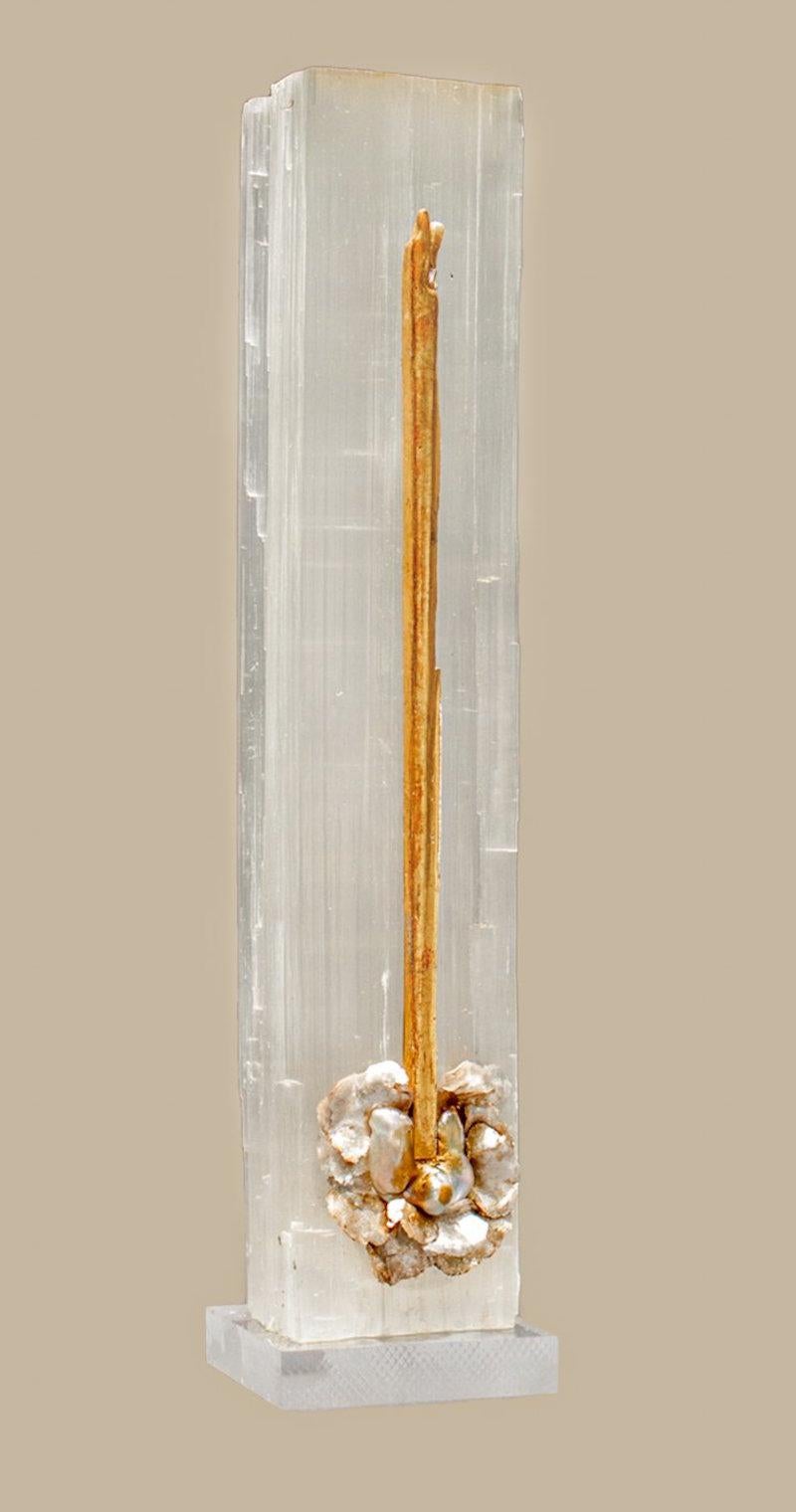 Modern Ruler Selenite with an 18th Century Italian Sunray & Baroque Pearls on Lucite