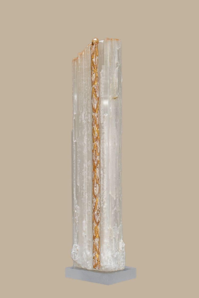 Modern Ruler Selenite with an 18th Century Italian Sunray & Baroque Pearls on Lucite For Sale