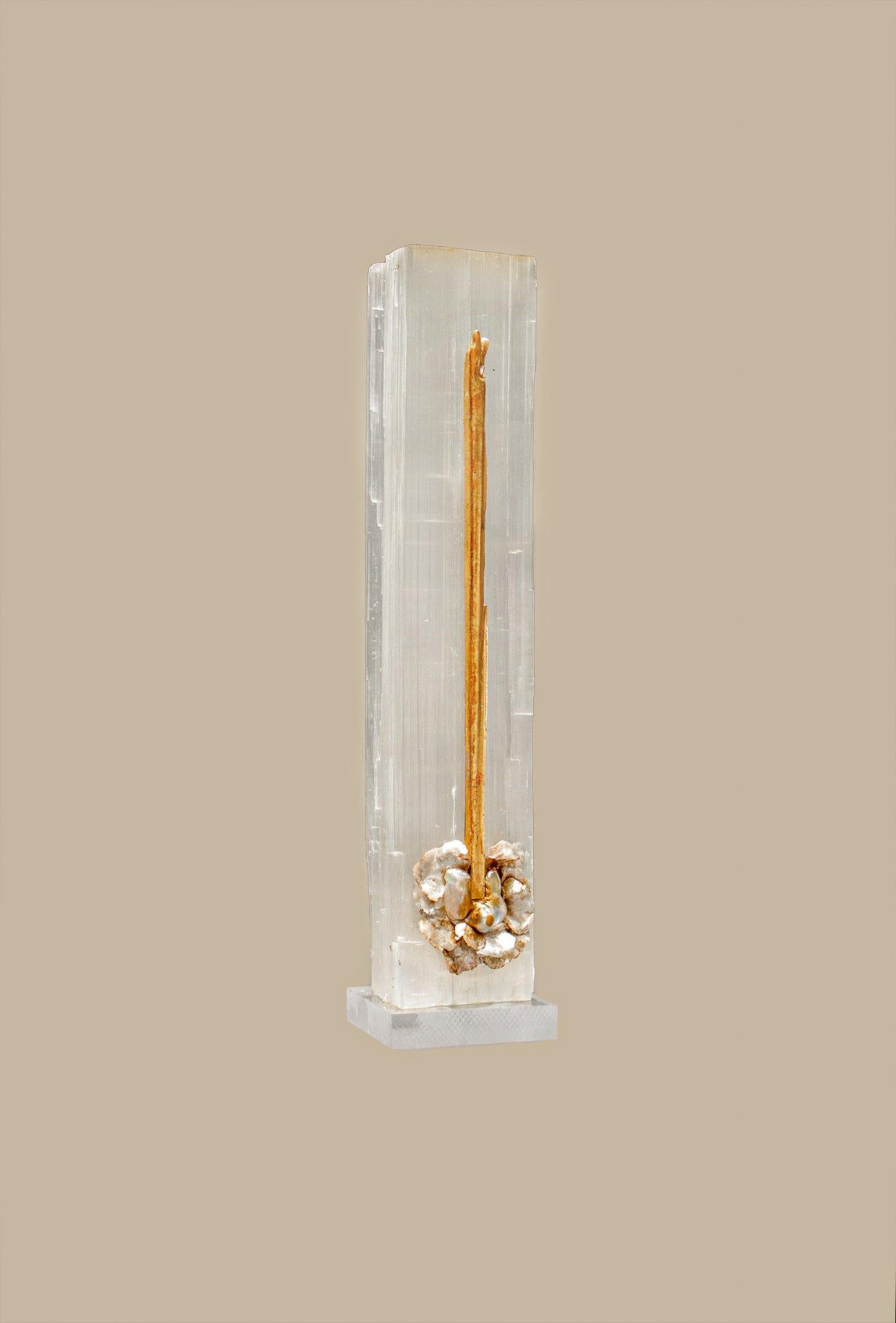 Moroccan Ruler Selenite with an 18th Century Italian Sunray & Baroque Pearls on Lucite