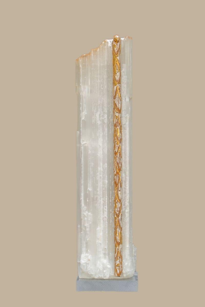 Moroccan Ruler Selenite with an 18th Century Italian Sunray & Baroque Pearls on Lucite For Sale